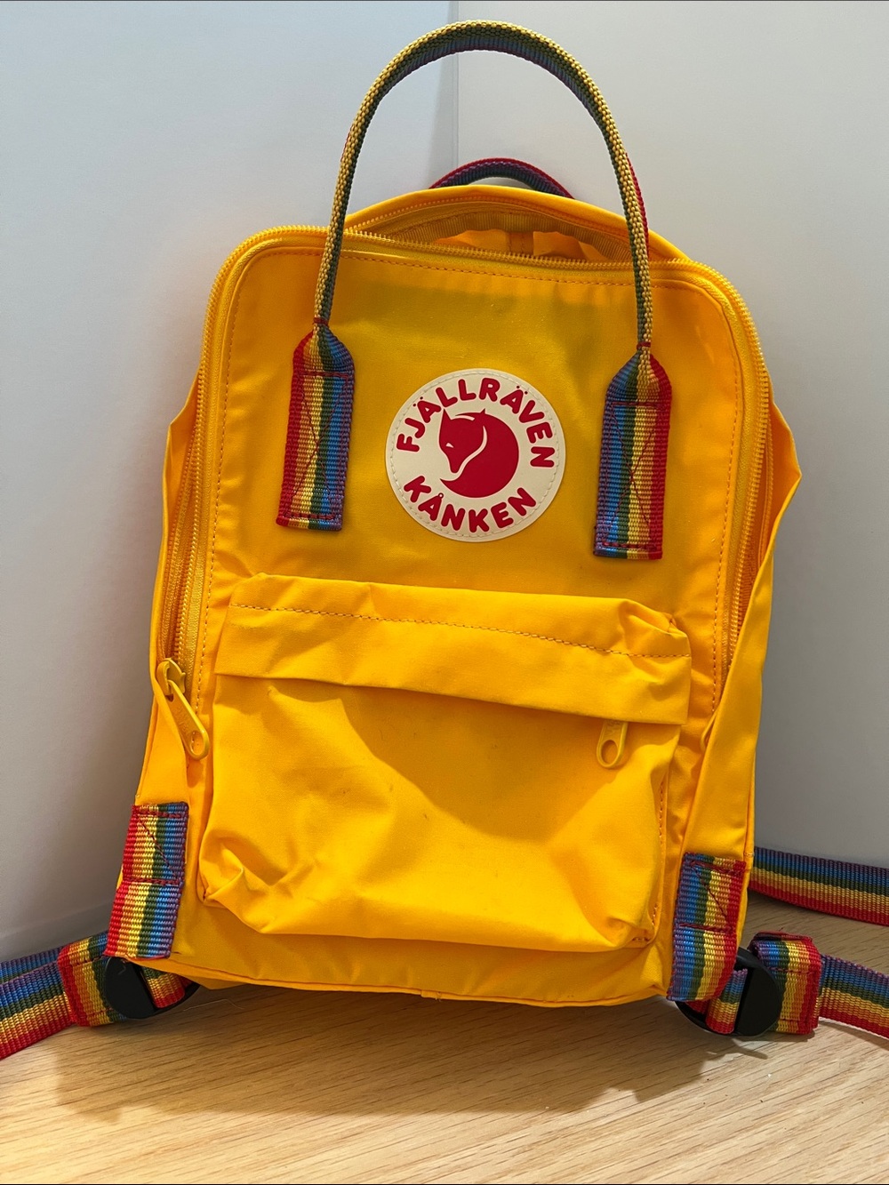 Fjallraven Kånken Rainbow Mini Backpack - Warm Yellow with Rainbow Straps